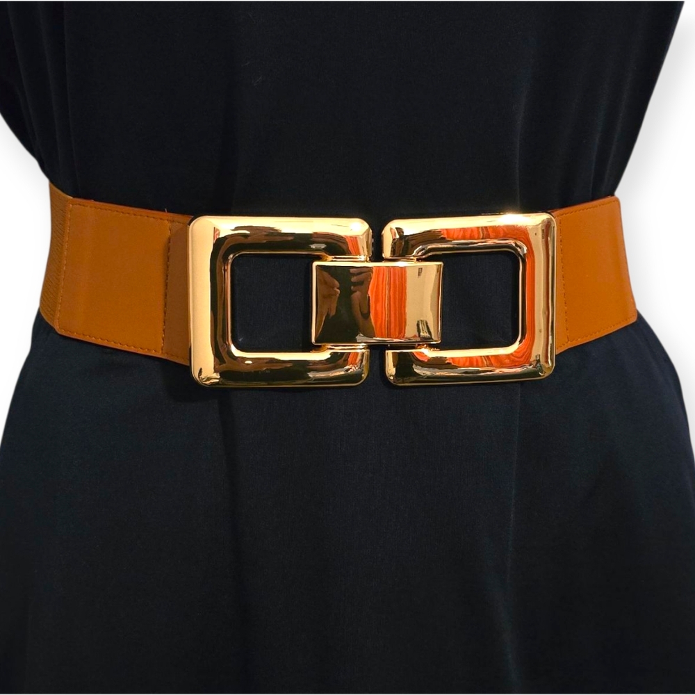 Tan Elastic Belt with Gold Double Buckle